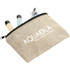 A beige recycled cotton twill pouch with a zip, containing toiletries and a toothbrush, featuring a logo.