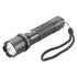 A black torch with a textured grip and wrist strap, featuring a light at one end. It has a branding logo.