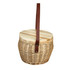 A wicker cooler basket in natural tones with a wooden lid and a brown leather strap. Contains no visible items.