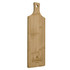 A bamboo serving board with a handle and a hole for hanging, featuring a logo on one side.
