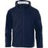 A men's rain jacket in navy, featuring a zip closure, hood, and side pockets with a logo.