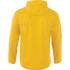 A yellow rain jacket with a hood and reflective details at the back. It features long sleeves and a minimalist design.