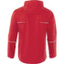 A red men's rain jacket with a hood and reflective accents, featuring a logo on the back.