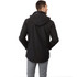 A black men's rain jacket featuring a hood, shown from the back with a person wearing grey trousers.
