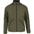 A men's packable jacket in dark green, featuring a hood and zippered pockets, with a branding logo.