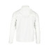 A white men's packable jacket featuring a hood and a logo on the back.