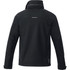 A black softshell jacket with a high collar and a reflective strip on the back. Features a logo on the design.