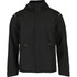 A black men's softshell jacket with a hood, featuring zippered pockets and reflective accents.
