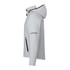 A softshell jacket in light grey with a hood, featuring zippered pockets and a branded logo.