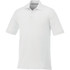 A short sleeve polo shirt in white, featuring a classic collar and three-button placket, with a small logo.