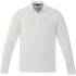 A long sleeve white polo shirt for men, featuring a collar and a placket with buttons, along with a logo.
