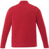 A long sleeve polo shirt in vibrant red, featuring a collar and a logo on the back.