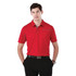A red short sleeve polo shirt with a collar and a subtle design element, featuring a logo on the chest area.