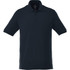 A dark blue men's short sleeve polo shirt with a collar and three button placket, featuring a logo on the label.