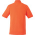 An orange short sleeve polo shirt with a collared neckline and a logo on the back.