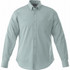 A mint green men's long sleeve button-up shirt with a single chest pocket and a logo on the collar.