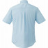 A light blue men's short sleeve button-up shirt, featuring a back yoke and a logo.