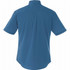 A blue short sleeve button-up shirt with a simple design and back pleat, featuring a logo on the back.