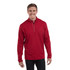 A men's red quarter zip jumper featuring long sleeves and a logo.