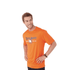 An orange short sleeve tech tee for men with a logo on the front.