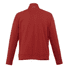 A red men's knit jacket with a high collar and long sleeves, featuring a logo on the back.