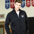 A black knit jacket for men with a logo, featuring a zip front and a sporty design.