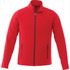 A red polar fleece jacket with a zip front, featuring two side pockets and a collar. It has a logo branding.