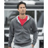 A grey fleece zip hoodie for men, featuring a hood and front pockets, worn over a red t-shirt.