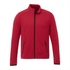 A red eco-knit jacket with a zip front, featuring two side pockets and a branding logo.