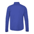 A blue men's jacket with a high collar and long sleeves, featuring a logo on the back.