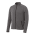 A grey knit jacket featuring a zip front and side pockets, with a logo on it.
