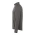 A grey eco-friendly knit jacket for men featuring a zip collar and side pockets. It has a simple logo on it.