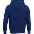 A navy blue fleece hoodie featuring a spacious hood and a plain design, with a logo on one side.