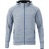 A grey zip-up hoodie with a hood, featuring contrasting blue accents and side pockets. It has a logo on it.