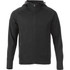 A black hooded zip jumper featuring a logo, designed for men with side pockets.
