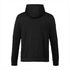 A black eco knit hoody for men, featuring a kangaroo pocket and a hood. It has a logo on the back.