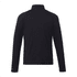 A black men's quarter zip jacket with long sleeves and a collar, featuring a logo on the sleeve.