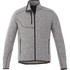 A grey knit jacket with a zippered front, side pockets, and a stand-up collar. Features a logo on the chest.
