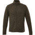 A men's knit jacket in dark grey with a zip front, high collar, and a chest pocket, featuring a logo.