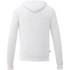A white full zip hoodie with a hood, featuring a logo on the side. The fabric has a textured appearance.