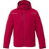 A red fleece lined men's jacket with a hood, featuring a zip front and a small chest pocket.