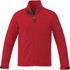 A vibrant red softshell jacket with a full zip and a black collar, featuring a logo.