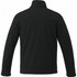 A black softshell jacket for men with a high collar and long sleeves, featuring a logo on the back.