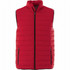 A red insulated vest with a high collar and zippered pockets, featuring a logo.