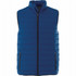 A blue insulated vest featuring a zip front and side pockets, with a logo on it.