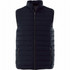 A navy insulated vest with a high collar, featuring a full front zipper and two side pockets.
