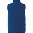 A blue insulated vest for men, featuring a quilted design and a high collar. It also has a branding logo.