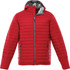 A red puffer jacket with a zip front, featuring a hood and grey interior lining. It has side pockets and a logo.