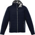 A navy puffer jacket with a hood and a silver lining, featuring a zip closure and a branded logo.