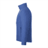 A blue insulated puffer jacket for men, featuring a zippered pocket and a collar, with a logo on the front.